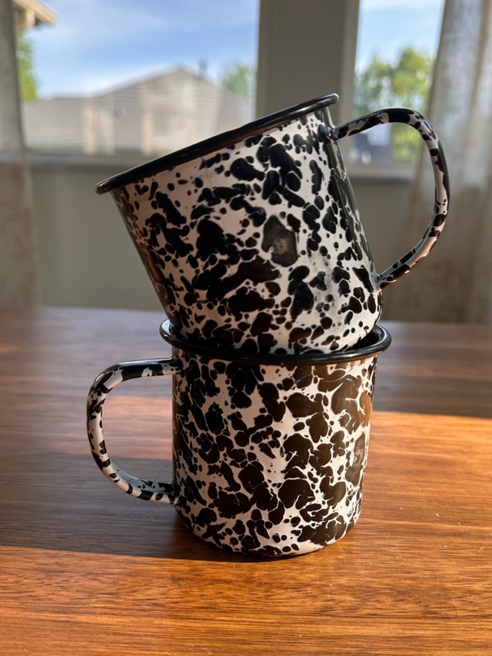 Vintage Splatter Enamelware Camping Mugs (Set of 2) Black and White Marble